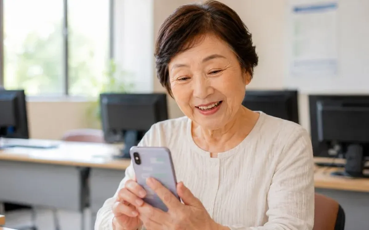スマホを手に笑顔のシニア女性