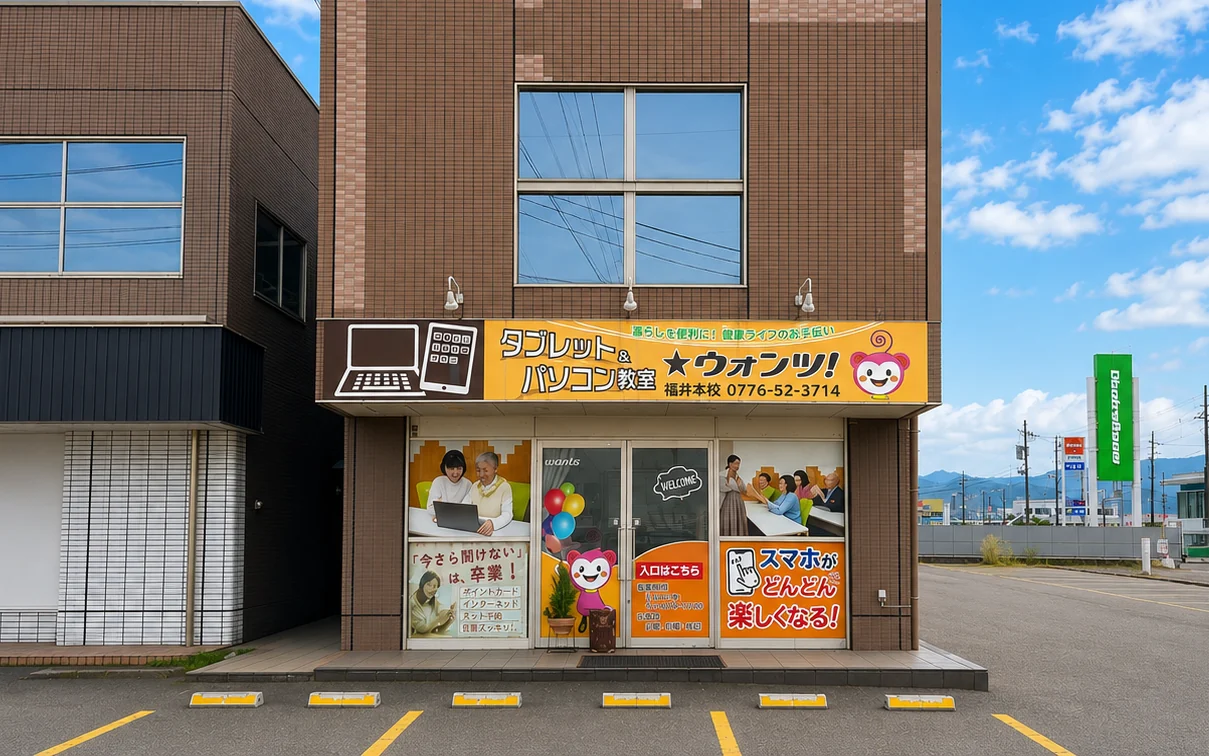パソコン教室ウォンツ 福井本校の外観。1階が教室で、前に駐車場があります