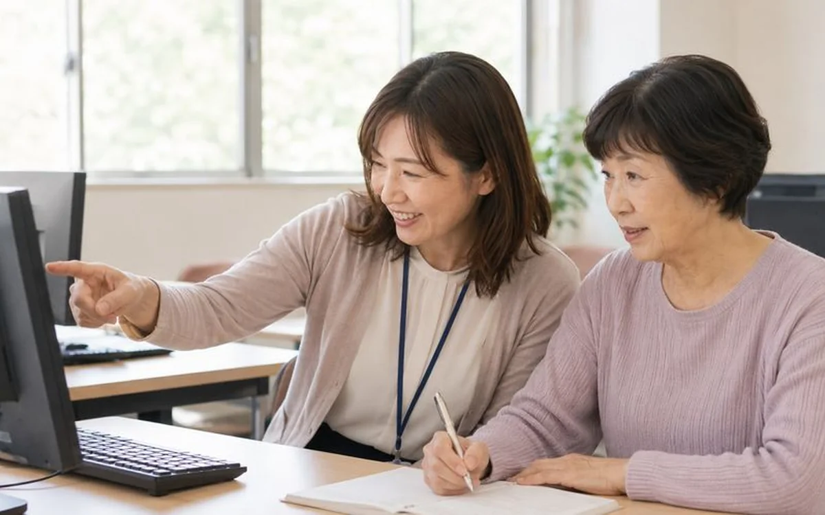 講師が生徒さんの隣に座り、一緒に画面を見ながら進めている様子